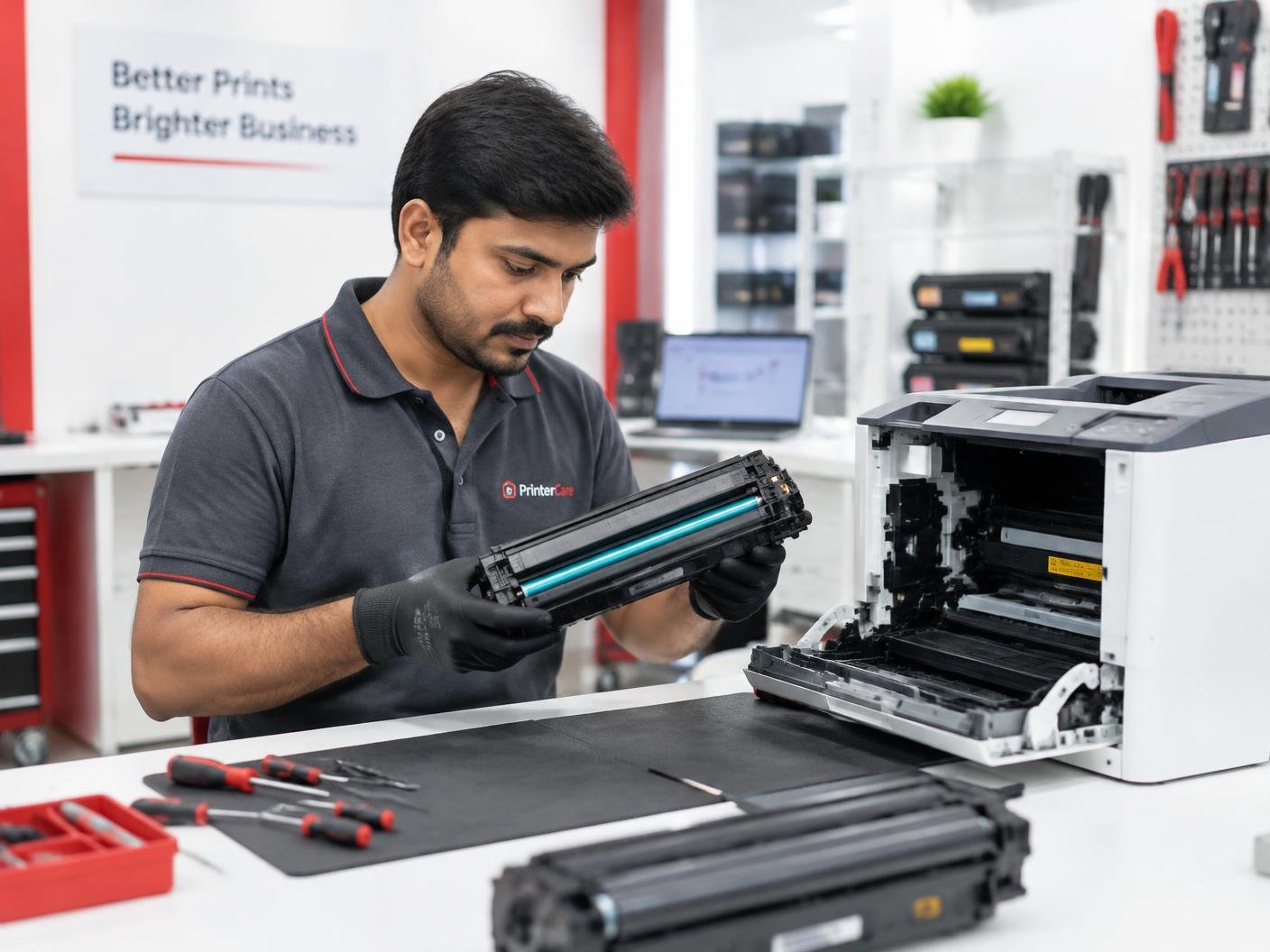 Technician inspecting a laser printer toner cartridge at a printer repair workshop
