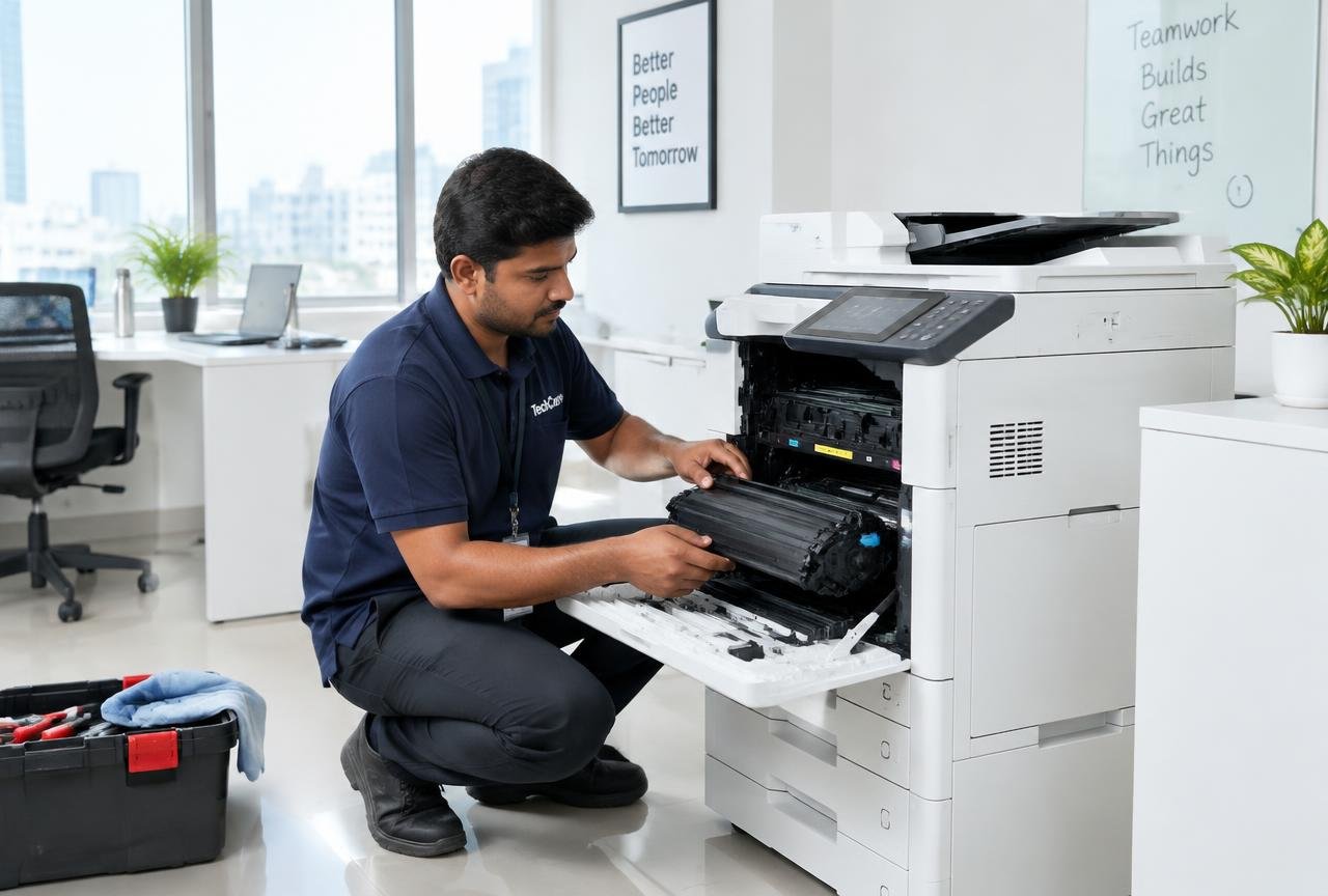 Technician servicing a multifunction office printer onsite