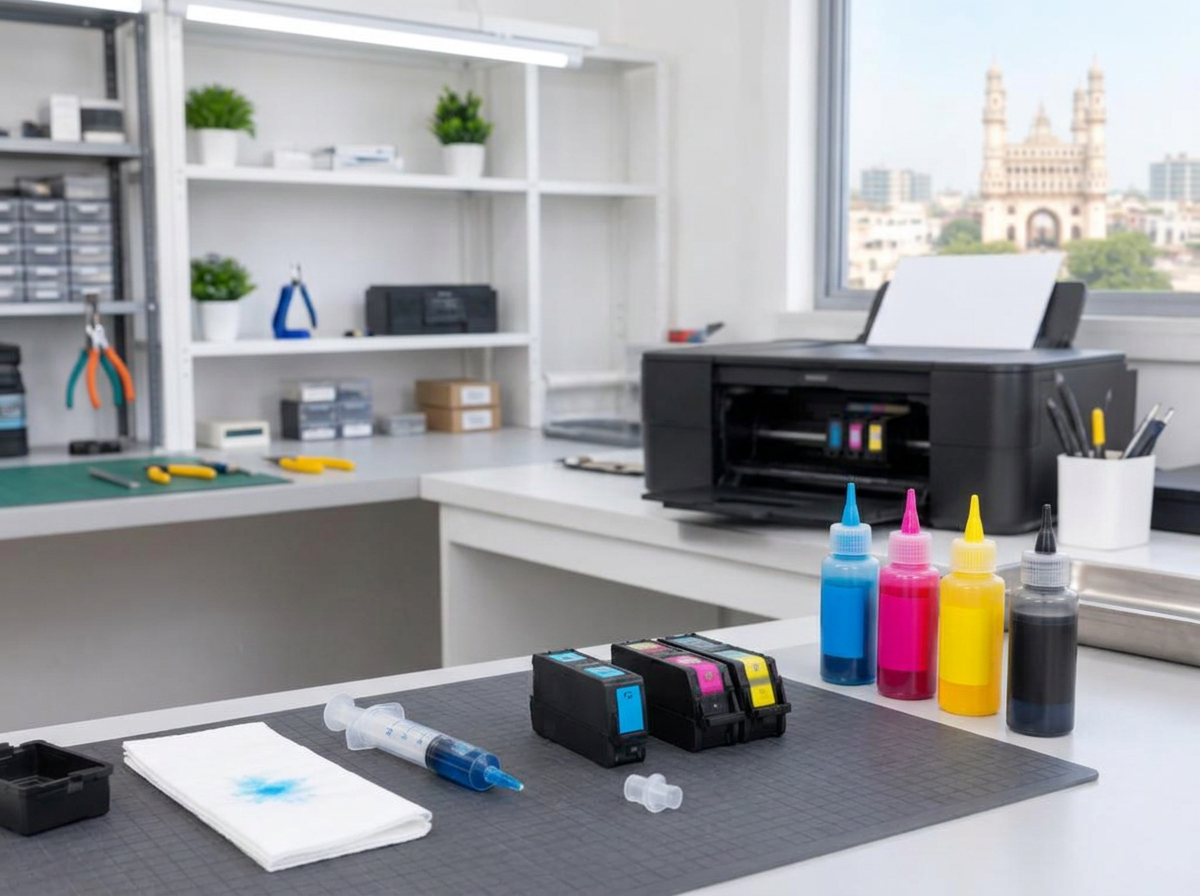 Ink cartridges, coloured ink bottles and a refilling syringe on a workbench