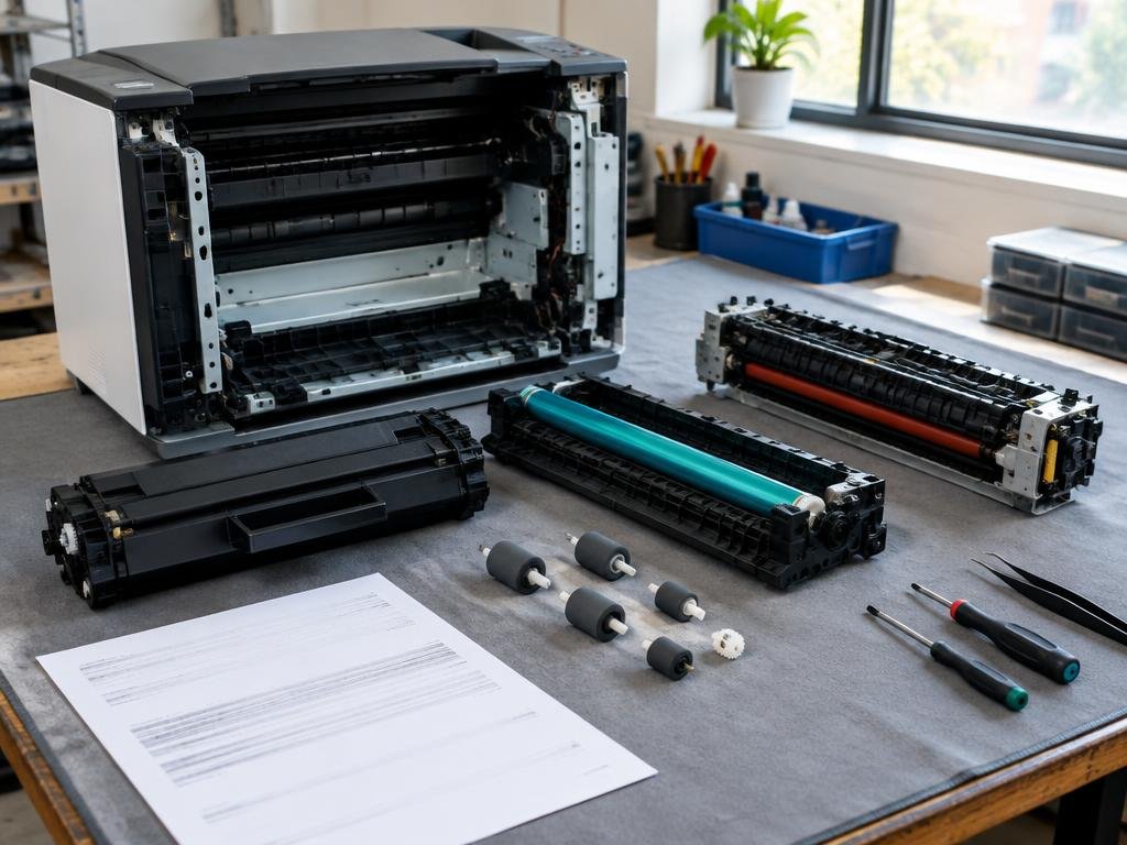 Opened laser printer with toner cartridge, drum unit, fuser assembly and pickup rollers on a repair workbench
