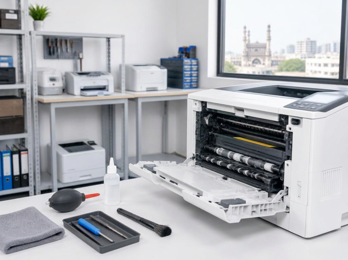 Open printer rollers with brushes and preventive maintenance tools