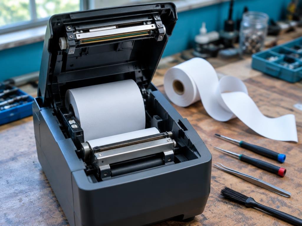 Opened thermal receipt printer with paper roll and exposed print head beside precision tools