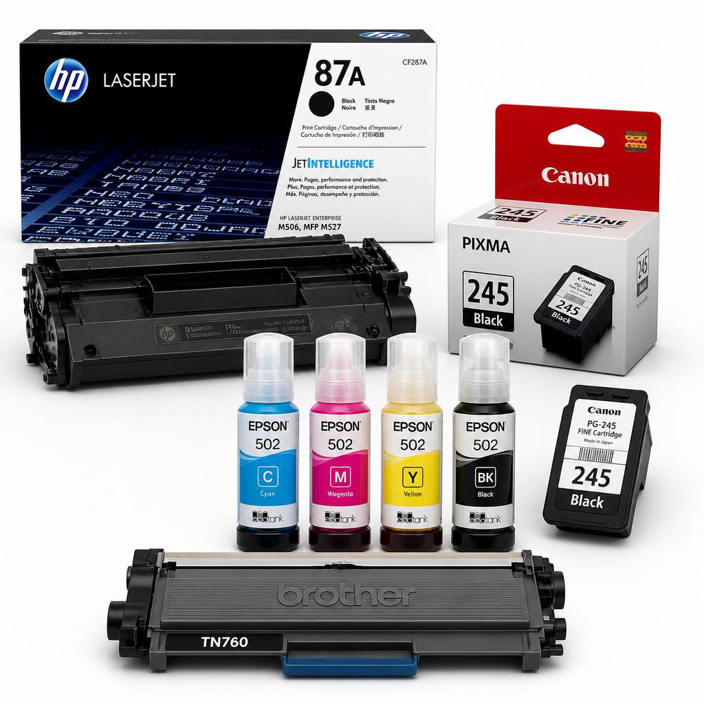HP toner, Canon ink cartridge, Epson EcoTank ink bottles and Brother toner