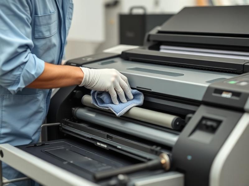 Engineer performing scheduled printer maintenance in an office